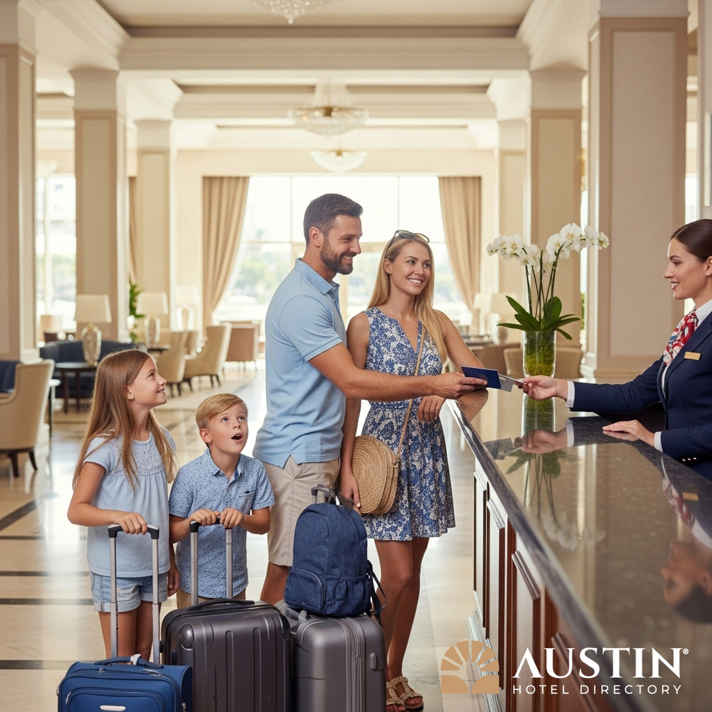 Family of four checking in at a 5-star luxury hotel in downtown Austin, Texas.